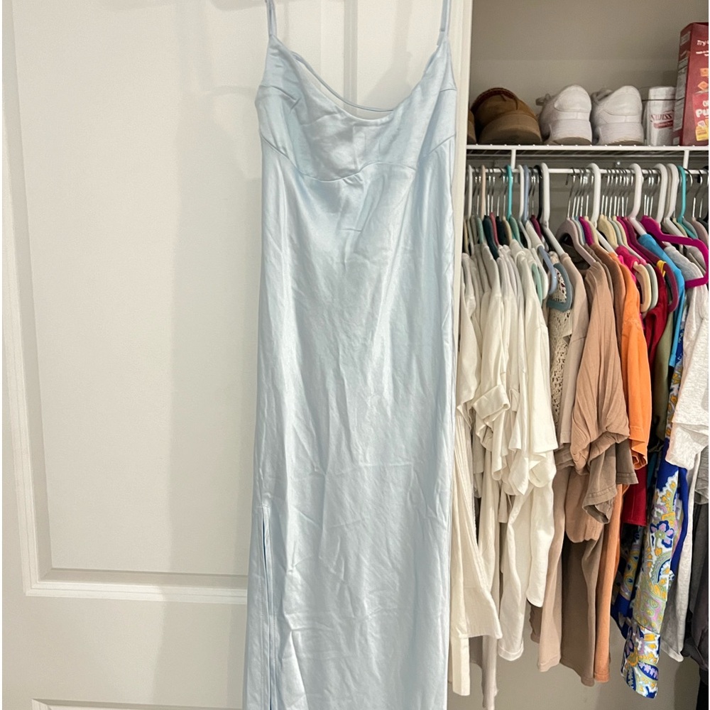 blue silk dress